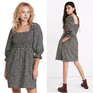 Madewell Lucie Elbow-Sleeve Smocked Mini Dress in Parisian Ditsy print Size L